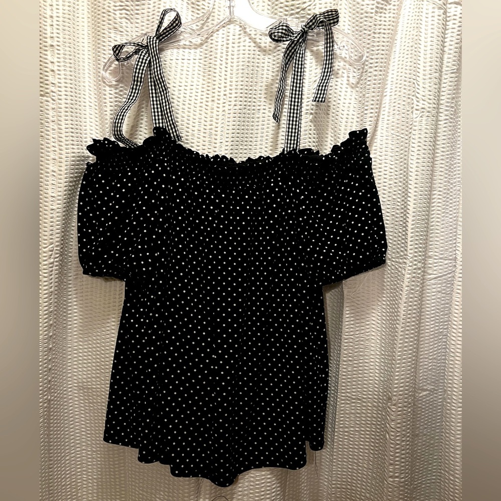 Polka Dot Top with Ruffle Detail, Gingham Shoulder Ties, Short Sleeve, Sz Large - Picture 3 of 9